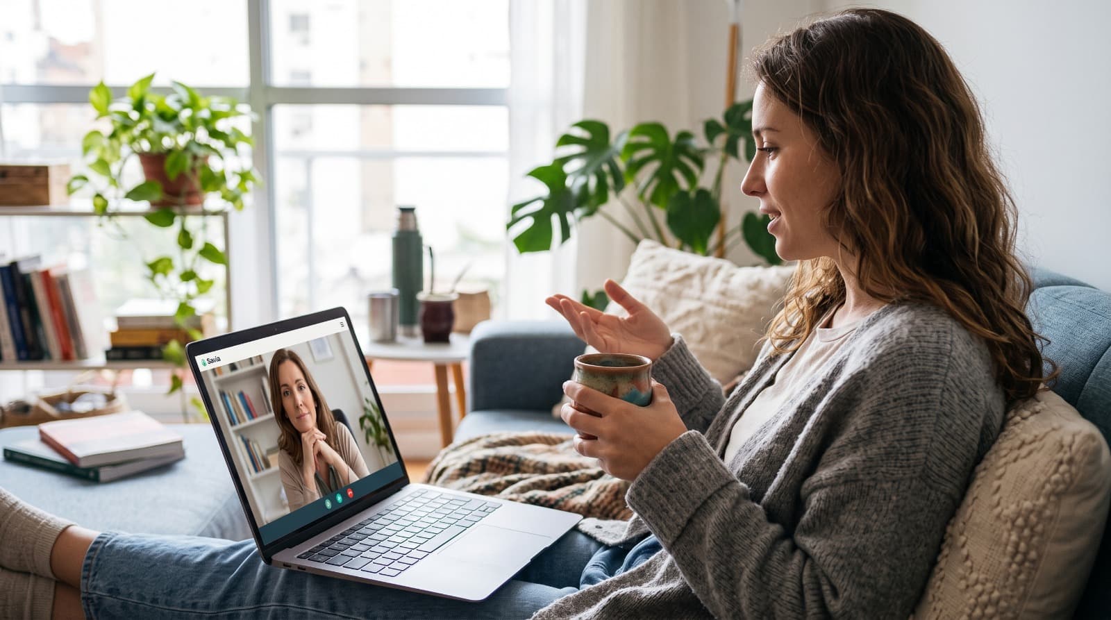 Una paciente en una sesión online con su psicóloga, desde el living de su casa